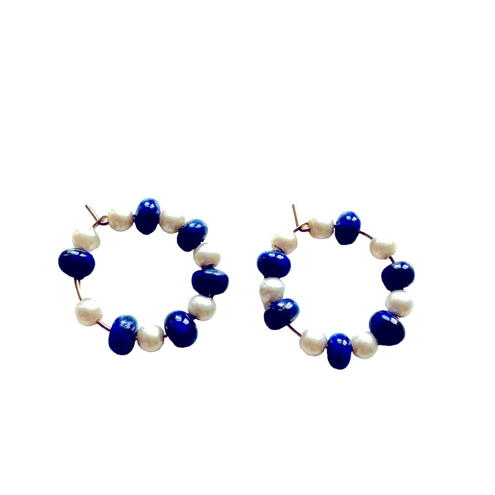 Blue and white beaded hoop earrings. New.